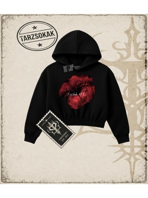 Tarzsokak Gotik & Grunge Streetwear Lıps Off Crop Kapşonlu Sweatshirt
