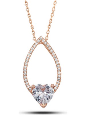 Tienda Elegante Gümüş Rose Kalp Beyaz Taşlı Damla Kadın Kolye