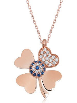 Tienda Elegante Gümüş Rose Nazarlı Dört Yapraklı Yonca Kadın Kolye