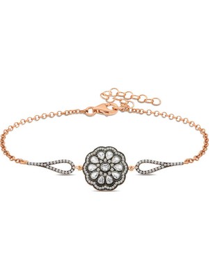 Tienda Elegante Gümüş Rose Çiçek Desenli Elmas Montür Bileklik
