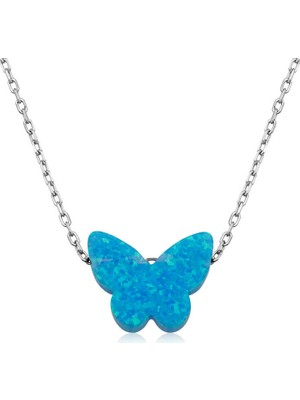 Tienda Elegante Gümüş Mavi Opal Taş Kelebek Bayan Kolye