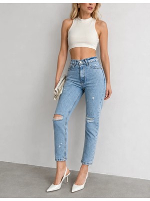 Shevega Buz Mavi Yüksek Bel Diz Yırtık Detaylı Boyfriend Mom Jean Kot Pantolon