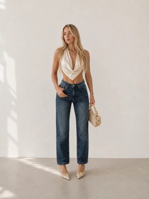 Shevega Kadın Yeşil Tint Yıkama Taş Detaylı Boyfriend Mom Jeans Kot Pantolon