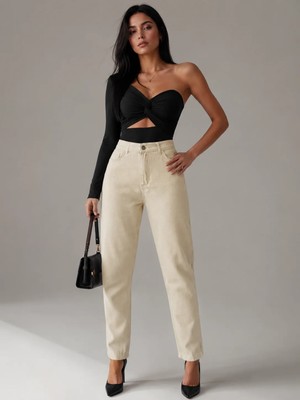 Shevega Kadın Krem Mom Jeans Boyfriend Keten Pantolon
