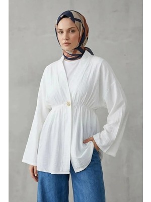 Modestim Kadın Düğme Detaylı Beli Lastikli Çilek Kumaş Yazlık Ince Ekru Tesettür Hırka Kap