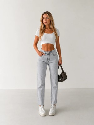 Shevega Kadın Fümetaş Detaylı Kesik Paça Boyfriend Mom Jeans Kot Pantolon