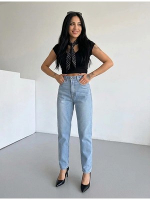 Shevega Buz Mavi Yüksek Bel Kemer Detaylı Trend Mom Jean Boyfriend Kot Pantolon