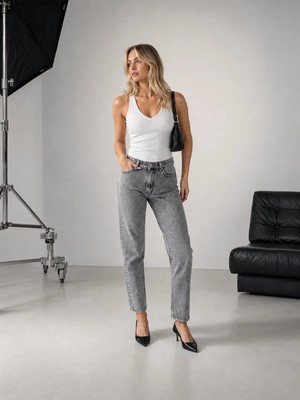 Shevega Kadın Fümetaş Detaylı Boyfriend Mom Jeans Kot Pantolon