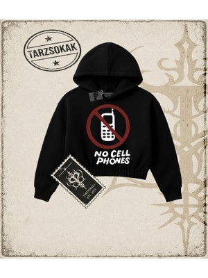 Tarzsokak Gotik & Grunge Streetwear No Cell Phones Crop Kapşonlu Sweatshirt