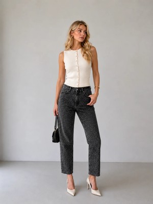 Shevega Kadın Kahverengi Taş Detaylı Kesik Paça Boyfriend Mom Jeans Kot Pantolon