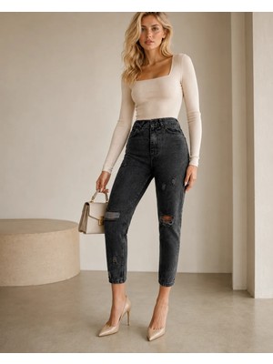 Shevega Füme Yüksek Bel Diz Yırtık Detaylı Boyfriend Mom Jean Kot Pantolon