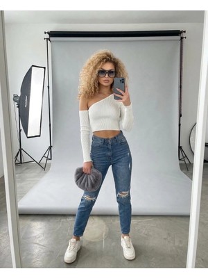 Shevega Mavi Yüksek Bel Yırtıklı Trend Mom Jean Boyfriend Kot Pantolon