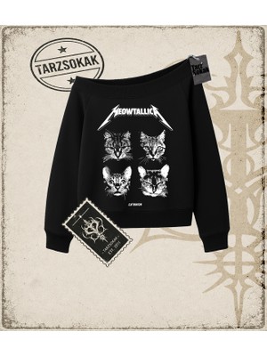 Tarzsokak Gotik & Grunge Streetwear Meowtallıca Kayık Yaka Sweatshirt