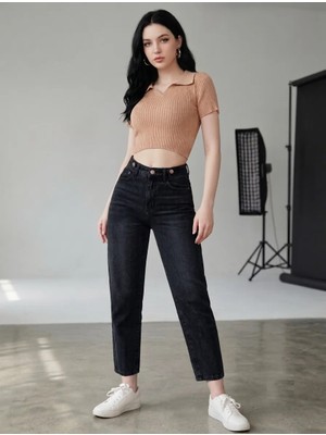 Shevega Siyah Yüksek Bel Kemer Detaylı Trend Mom Jean Boyfriend Kot Pantolon