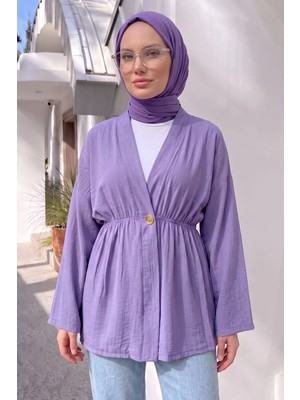 Modestim Kadın Düğme Detaylı Beli Lastikli Çilek Kumaş Yazlık Ince Lila Tesettür Hırka Kap