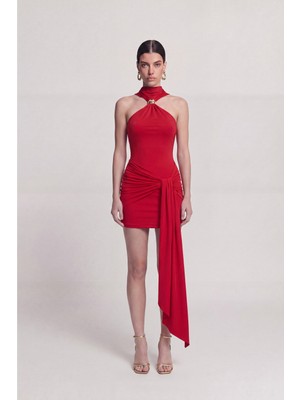 Holly Lolly Halter Yaka Aksesuarlı Mini Lilian Elbise Kırmızı