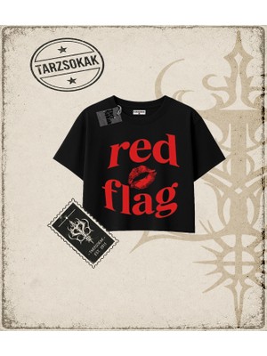 Tarzsokak Gotik & Grunge Streetwear Red Lıps Flag Crop Tişört