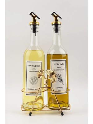 St. Morritz Altın Standlı Ginkgo Figürlü 750ML Şeffaf Şişe Altın Akıtıcılı Etiketli Yağlık Yağdanlık