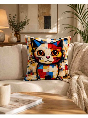 Velnox Renkli Mozaik Desenli Sevimli Kedi Figürlü Dekoratif Kırlent Kılıfı 43X43 cm Dijital Baskılı Yastık Kılıfı