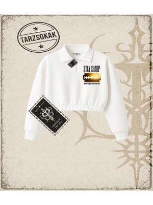 Tarzsokak Gotik & Grunge Streetwear Stay Sharp Yarım Fermuarlı Crop  Sweatshirt