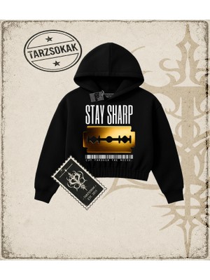 Tarzsokak Gotik & Grunge Streetwear Stay Sharp Crop Kapşonlu Sweatshirt