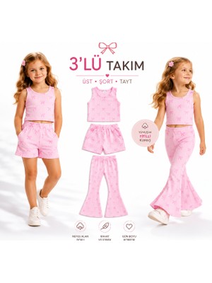 Özge Başaran Kız Çocuk Pembe Fiyonk Desenli Ribana 3’lü Takım Şort + Tayt + Bluz