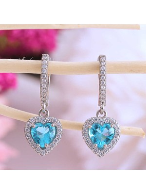 Tienda Elegante Gümüş Turkuaz Taşlı Kalpli Kadın Küpe