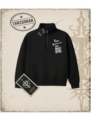 Tarzsokak Gotik & Grunge Streetwear Thınk Outsıde The Box Yarım Fermuarlı Sweatshirt
