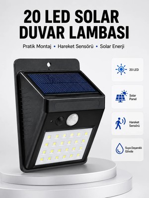 Su Geçirmez IP65 20 LED Solar Sensörlü Bahçe ve Veranda Aydınlatma Yeni Nesil