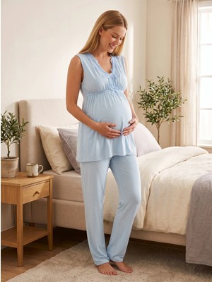 Lohussa Kadın Mavi Geniş Askılı Hamile Lohusa Pijama Takımı