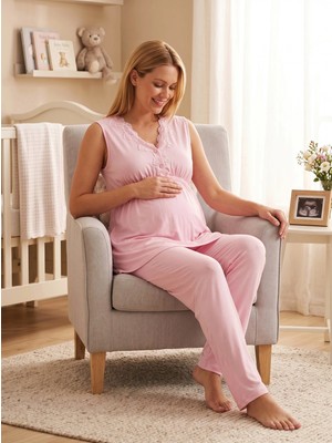 Lohussa Kadın Pembe Geniş Askılı Hamile Lohusa Pijama Takımı