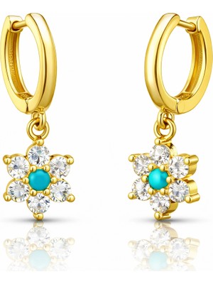 Tienda Elegante Gümüş Mavi Taşlı Gold Çiçek Kadın Küpe