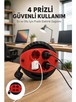 Kırmızı Renk 5 Metre 4’lü Kablolu Priz Makarası