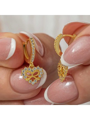 Tienda Elegante Gümüş Gold Kalp Kurdele Sallantılı Kadın Küpe