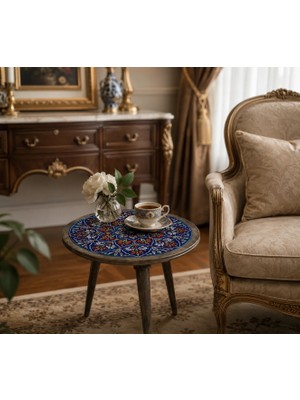 Muguetarts %100 El Yapımı Çini Dekoratif Yan Sehpa | Geleneksel Türk Çini Sanatı Çap 50 cm