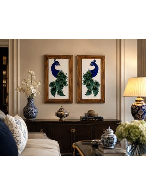 Muguetarts %100 El Işçiliği Çini Dekoratif Tavus Kuşu Tablo 30X15 cm