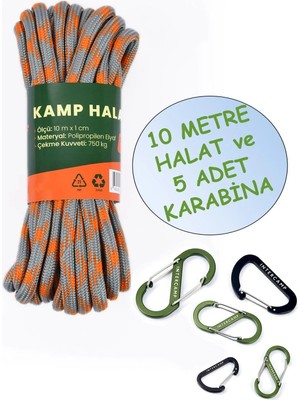 St. Morritz 10 Mt. Kamp Halatı 5 Adet Karabina, Kamp Ipi, Çadır Halatı, Dış Mekan Halatı