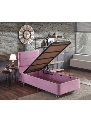 Pinky Baza ve Başlık - 90x190 cm Tek Kişilik Sandıklı Pembe Kumaş Baza ve Başlığı Silinebilir