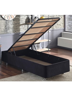 Niron Ela Baza -100X200 cm Tek Kişilik Sandıklı Siyah Kumaş Baza Silinebilir Soho Kumaş