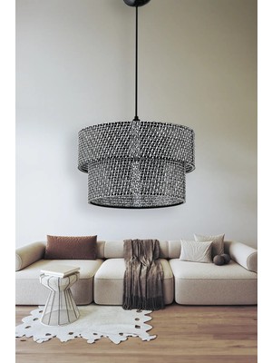 St. Morritz Siyah Hasır Modern Doğal Hazeran Rattan 2 Katlı Sarkıt Avize
