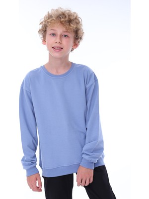 Zuzunga Unisex Basic Düz Mavi Renk %100 Pamuk Sweatshirt (2-11 Yaş)