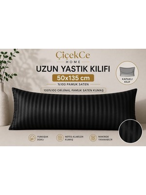 ÇİÇEKCE HOME Yastık Kılıfı Uzun Yastık Kılıfı 50X135 Çizgili Pamuk Saten Kılıf 1 Adet