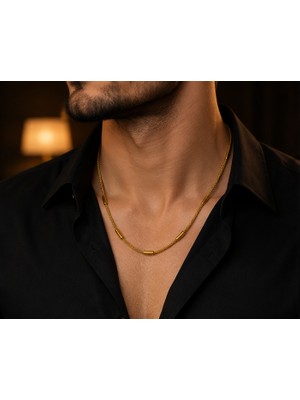 Erkek Gold Milano Silindir Detaylı Paslanmaz Çelik Kolye