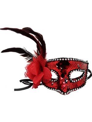 Techora Sale Kırmızı Renk Yandan Tüylü Güllü Gümüş Taşlı Pullu Maske 20X22 cm BX40