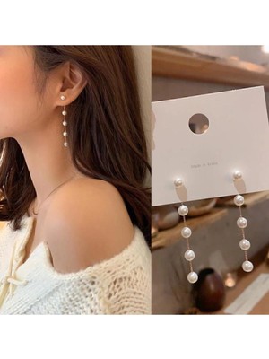 Mupte Jewelry (H)Yeni Trend Uzun Inci Kadın Küpe Altın Kaplama