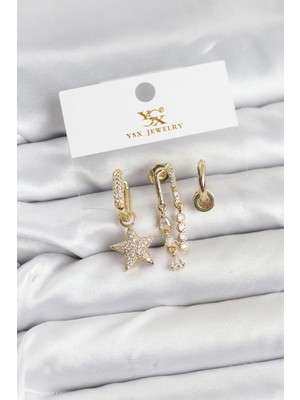 TeknoKapsül Pirinç Gold Renk Zirkon Taşlı Yıldız Vintage Model Ysx Trio Küpe Seti