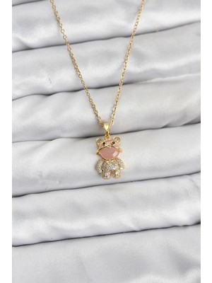 TeknoKapsül 316L Çelik Zincir Gold Renk Teddy Bear Model Zirkon Taşlı Kadın Kolye