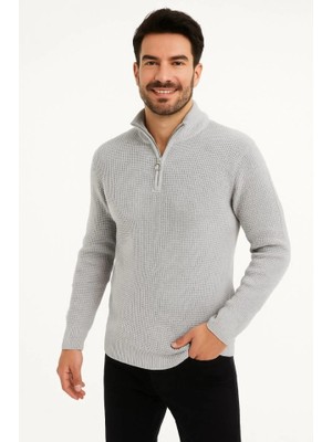 Lune Store Erkek Yarım Fermuarlı Triko Kazak – Selanik Örgü, Dik Yaka, Pamuklu Dokuma, Regular Fit Uzun Kollu Kışlık Model - Gri