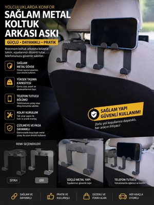 2'li Araç Koltuk Arkası Metal Askı ve Telefon Tutucu – Dayanıklı Organizer Siyah
