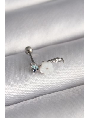 TeknoKapsül 316L Çelik Gümüş Renk Zirkon Taş Detay Beyaz Çiçek Model Tragus Piercing